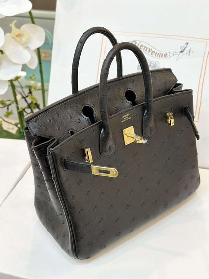 HN 25 Black Ostrich Leather Gold Hardware