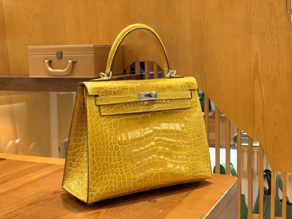 HN 25 Sellier Jaune ambre Genuine Alligator Crocodile skin Gold hardware