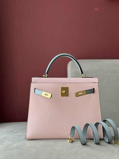 HN 25 Rose Sakura & Gris Perle Chèvre Epsom Leather Gold Hardware