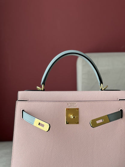 HN 25 Rose Sakura & Gris Perle Chèvre Epsom Leather Gold Hardware