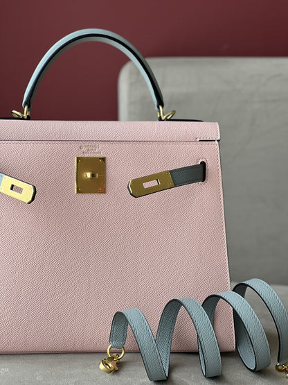HN 25 Rose Sakura & Gris Perle Chèvre Epsom Leather Gold Hardware