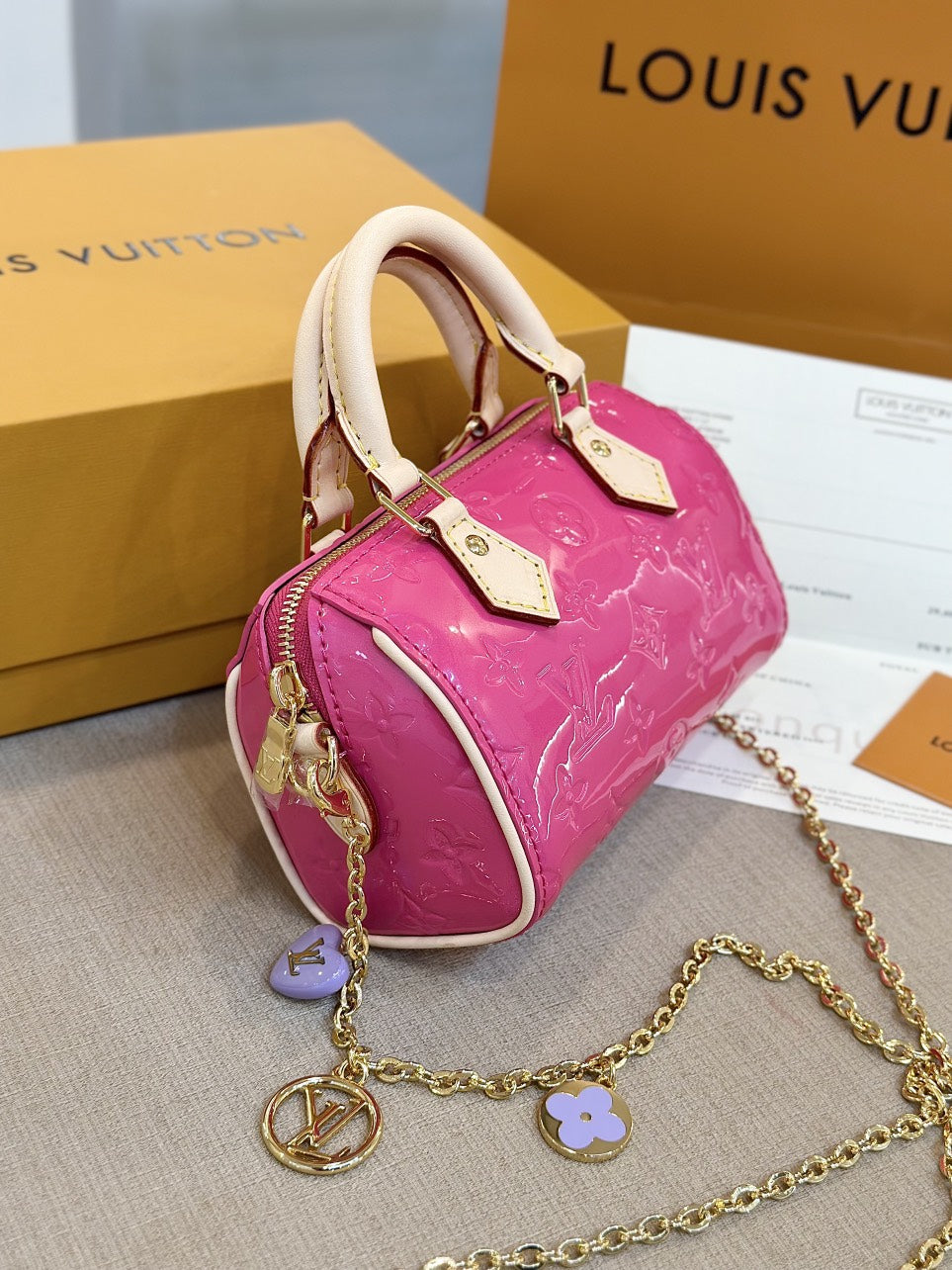 Louis Vuitton LV Nano Speedy Pink Shiny Leather Handbags 16x10x7,5cm