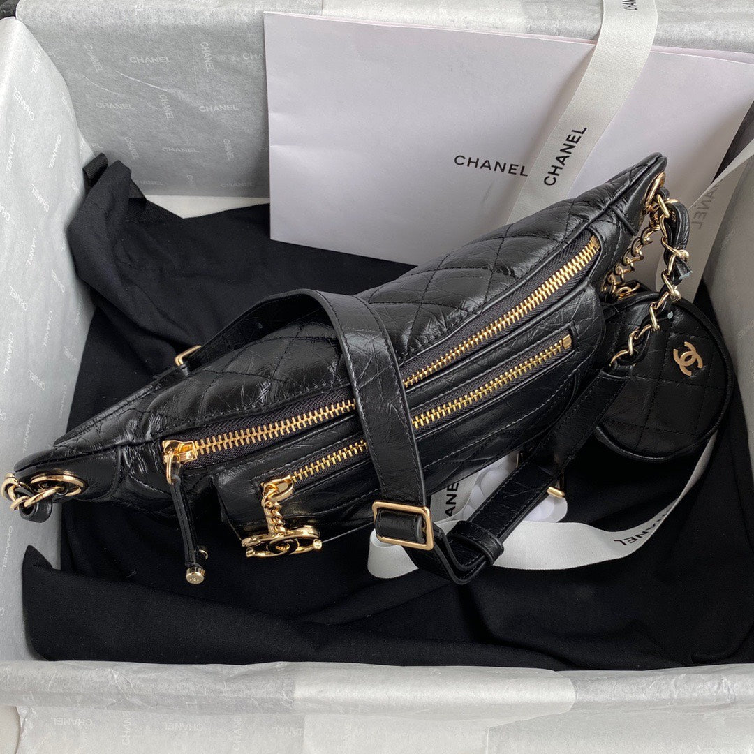 Chanel Bumbag Black Wrinkled Leather Lock Gold Handbags 34x15x6cm