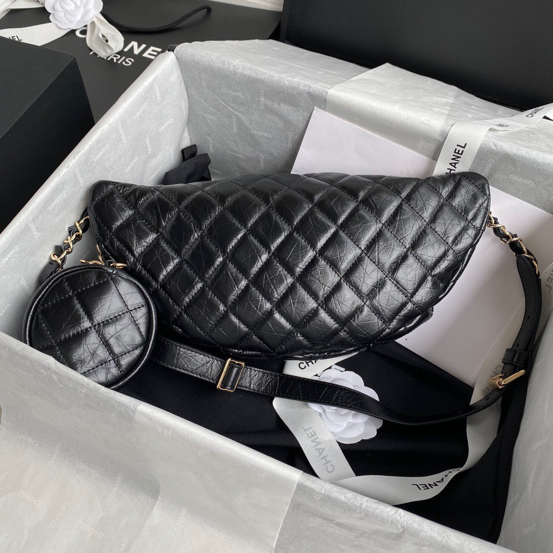 Chanel Bumbag Black Wrinkled Leather Lock Gold Handbags 34x15x6cm