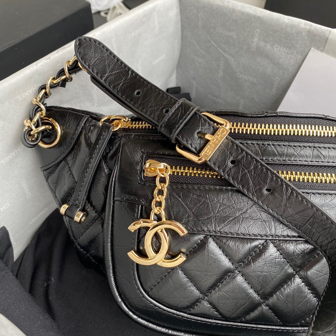 Chanel Bumbag Black Wrinkled Leather Lock Gold Handbags 34x15x6cm