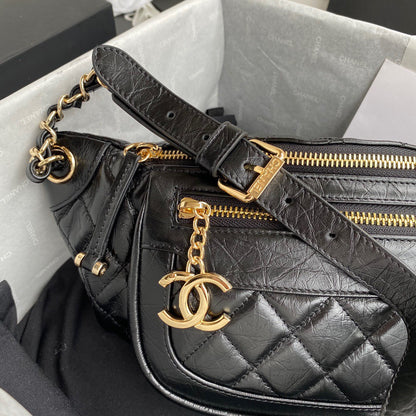Chanel Bumbag Black Wrinkled Leather Lock Gold Handbags 34x15x6cm