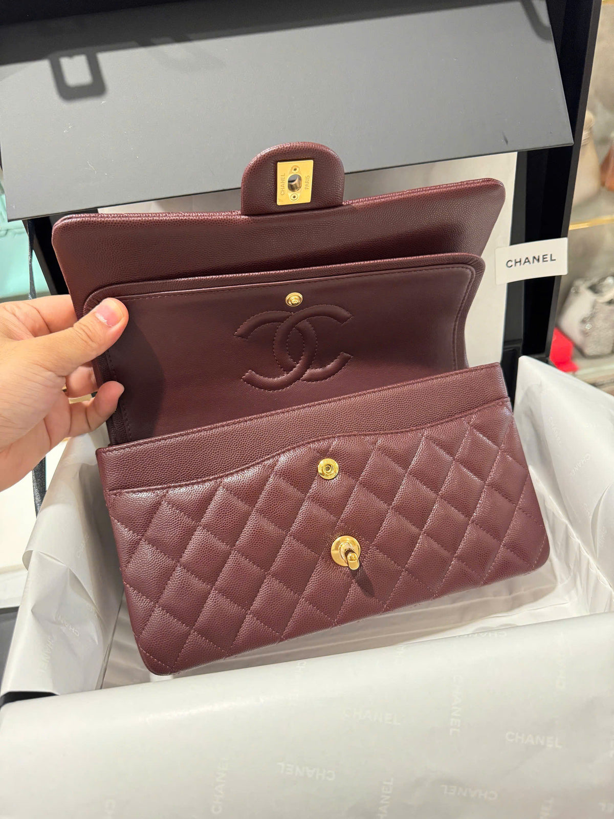 Chanel Classic Plum Red Color Like Auth Handbags With Lock Gold 25cm