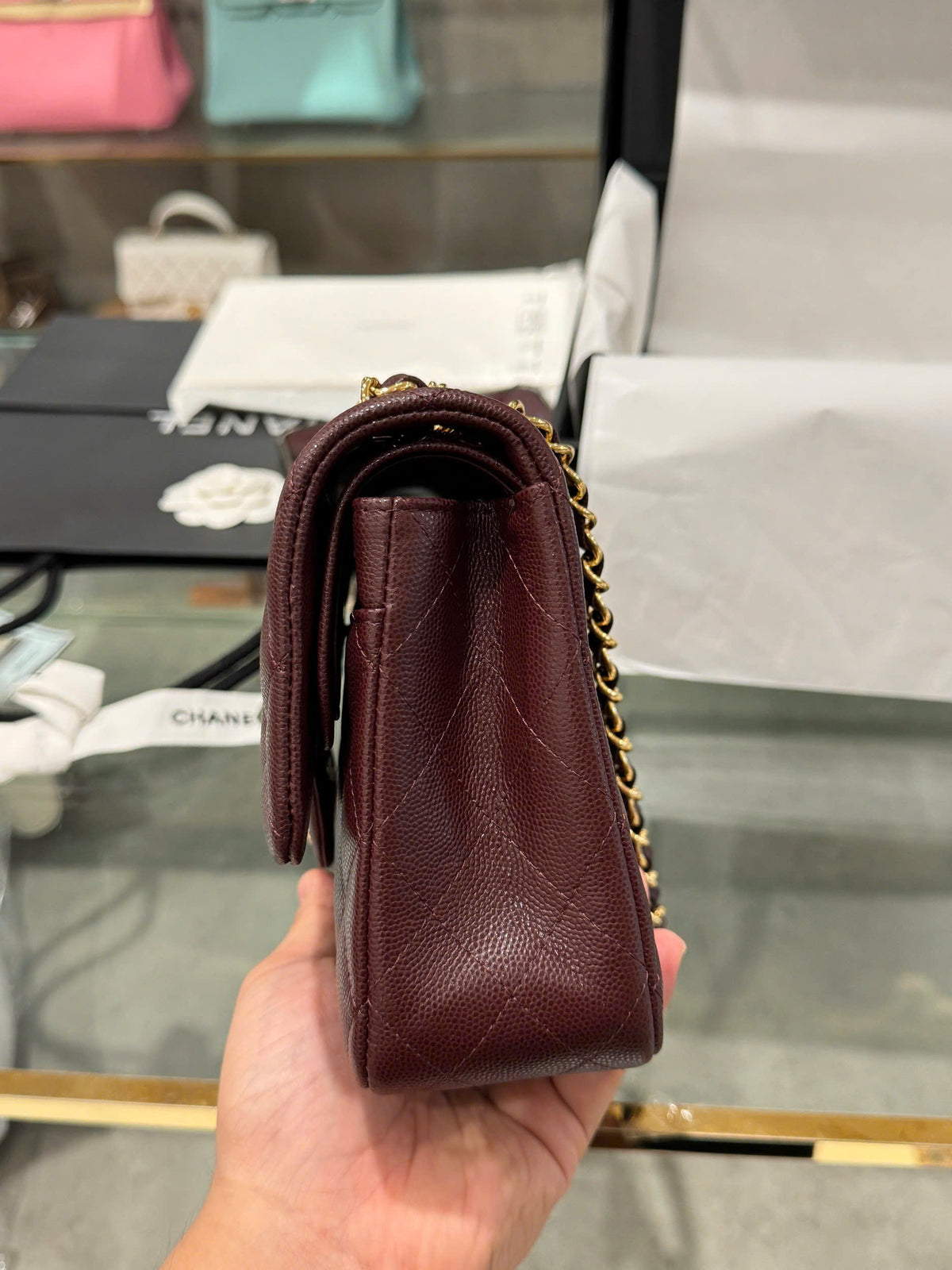 Chanel Classic Plum Red Color Like Auth Handbags With Lock Gold 25cm
