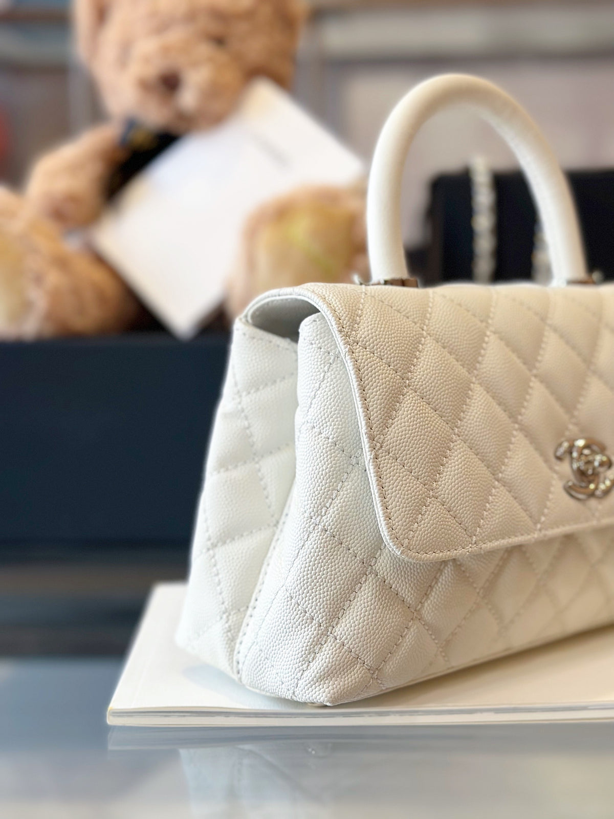 Chanel Coco Handbags Leather White With Silver Lock Woman’s 23cm