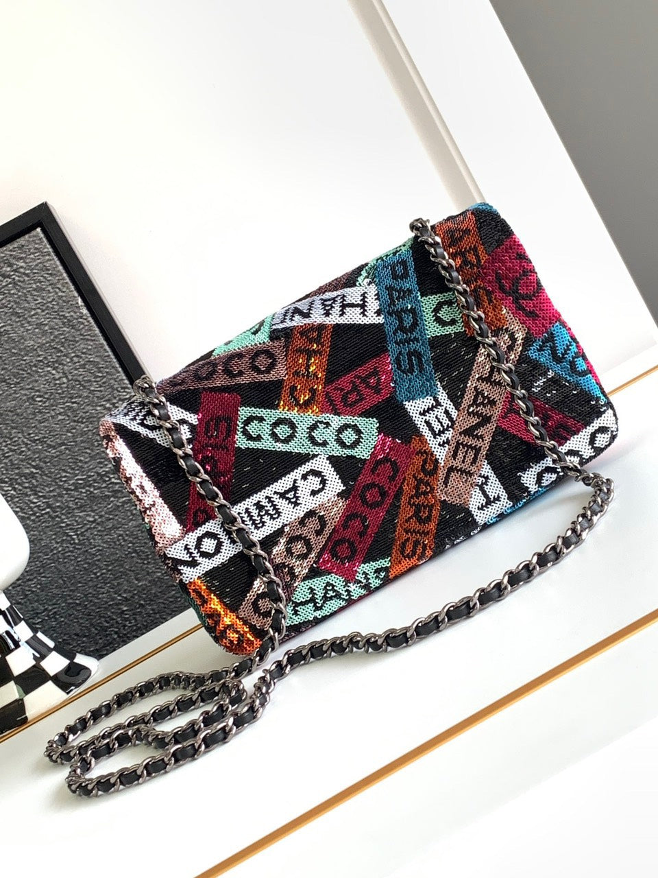 Chanel Mini Pastel Rainbow Sequin Like Auth Handbag 20x14x7cm