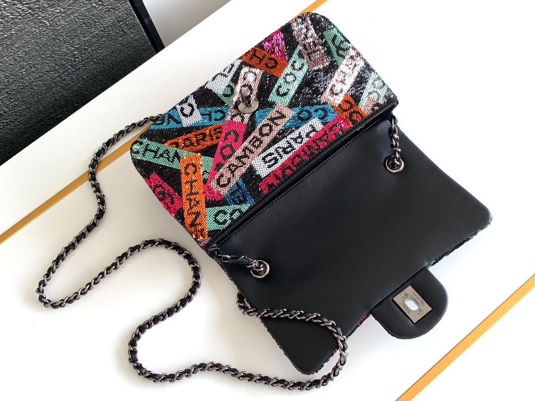 Chanel Mini Pastel Rainbow Sequin Like Auth Handbag 20x14x7cm