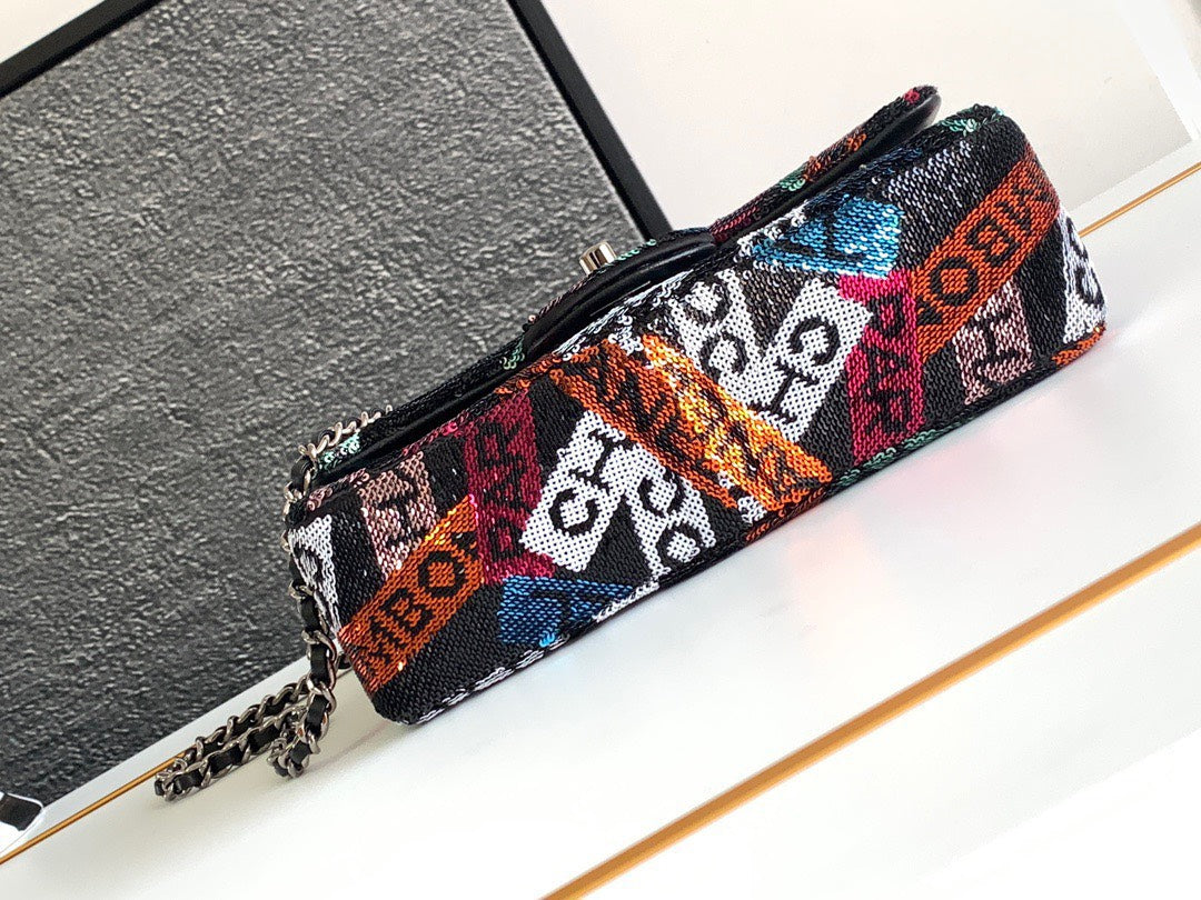 Chanel Mini Pastel Rainbow Sequin Like Auth Handbag 20x14x7cm