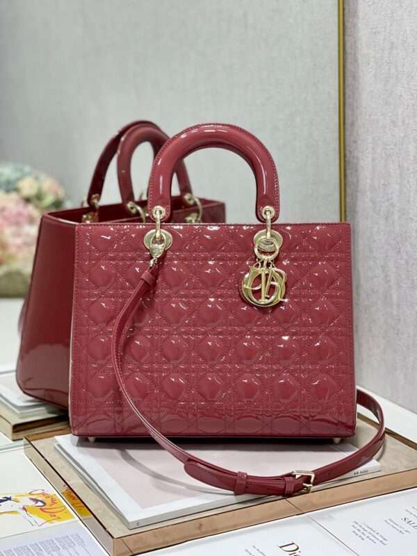 Dior Lady Replica 11 Women’s Handbag Red Glossy Leather Gold Lock 32cm