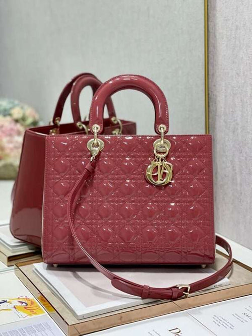 Dior Lady Replica 11 Women’s Handbag Red Glossy Leather Gold Lock 32cm