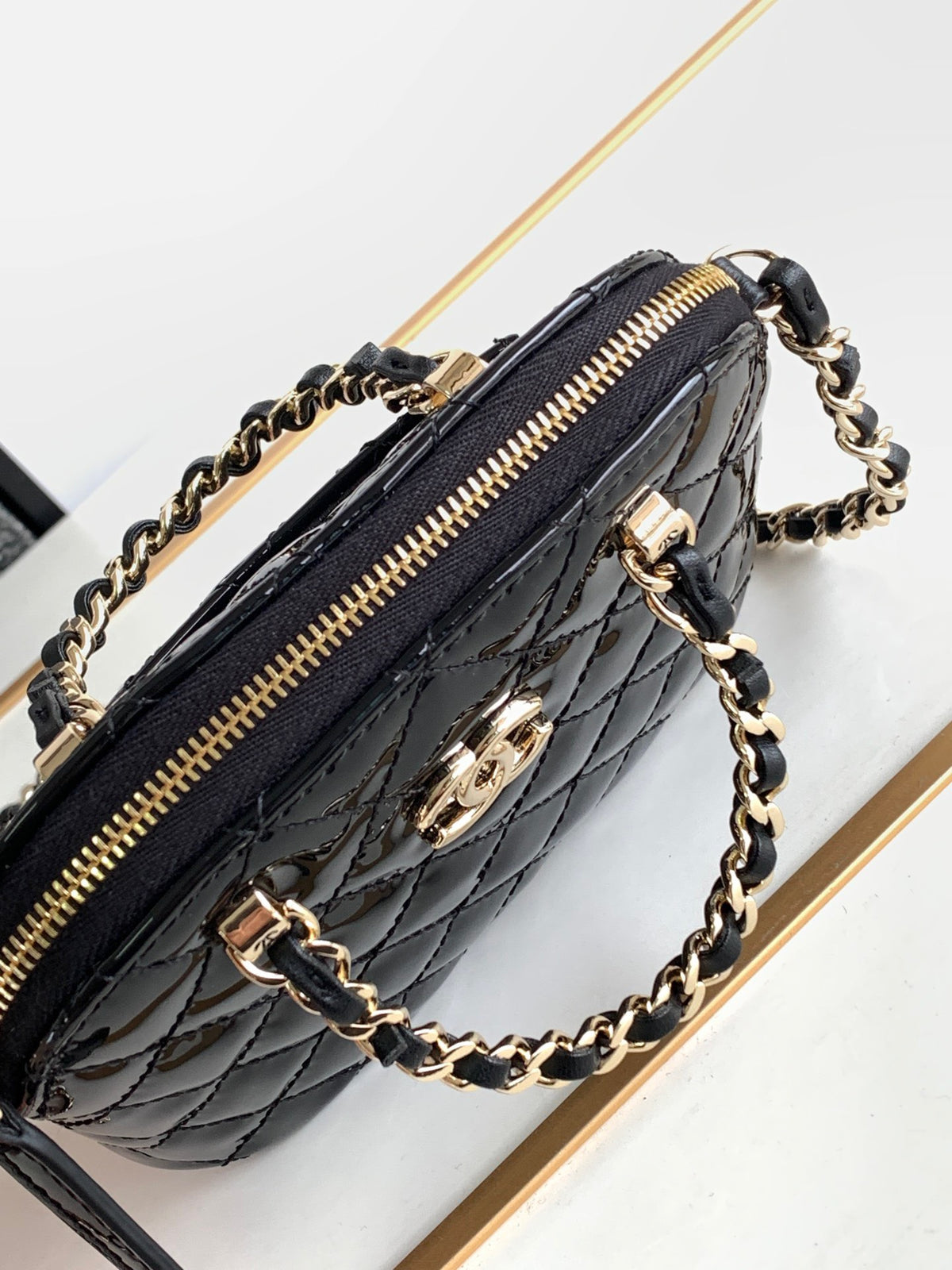 Chanel Alma Mini Shiny Leather Handbags Black Lock Gold 12cm