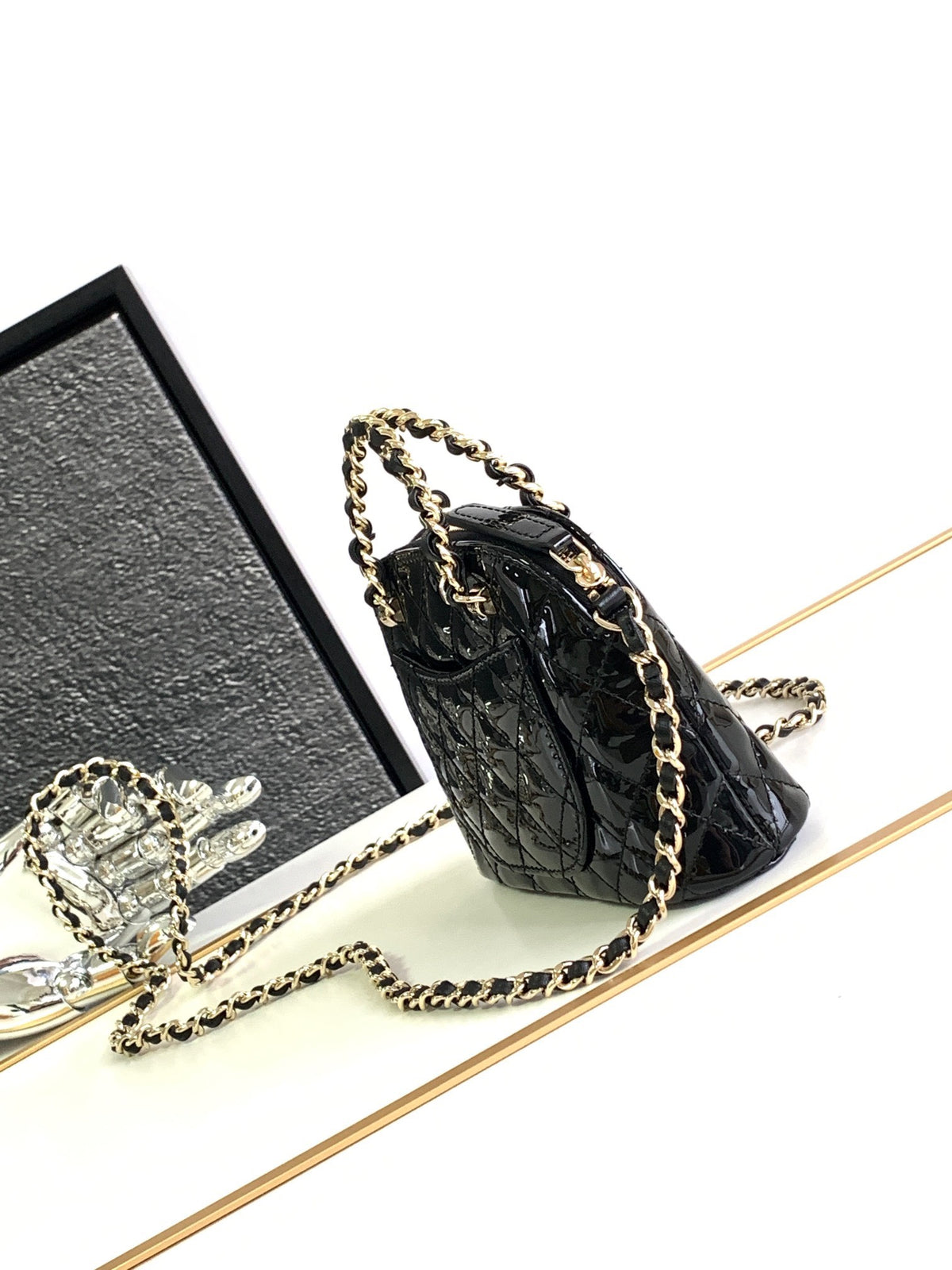 Chanel Alma Mini Shiny Leather Handbags Black Lock Gold 12cm