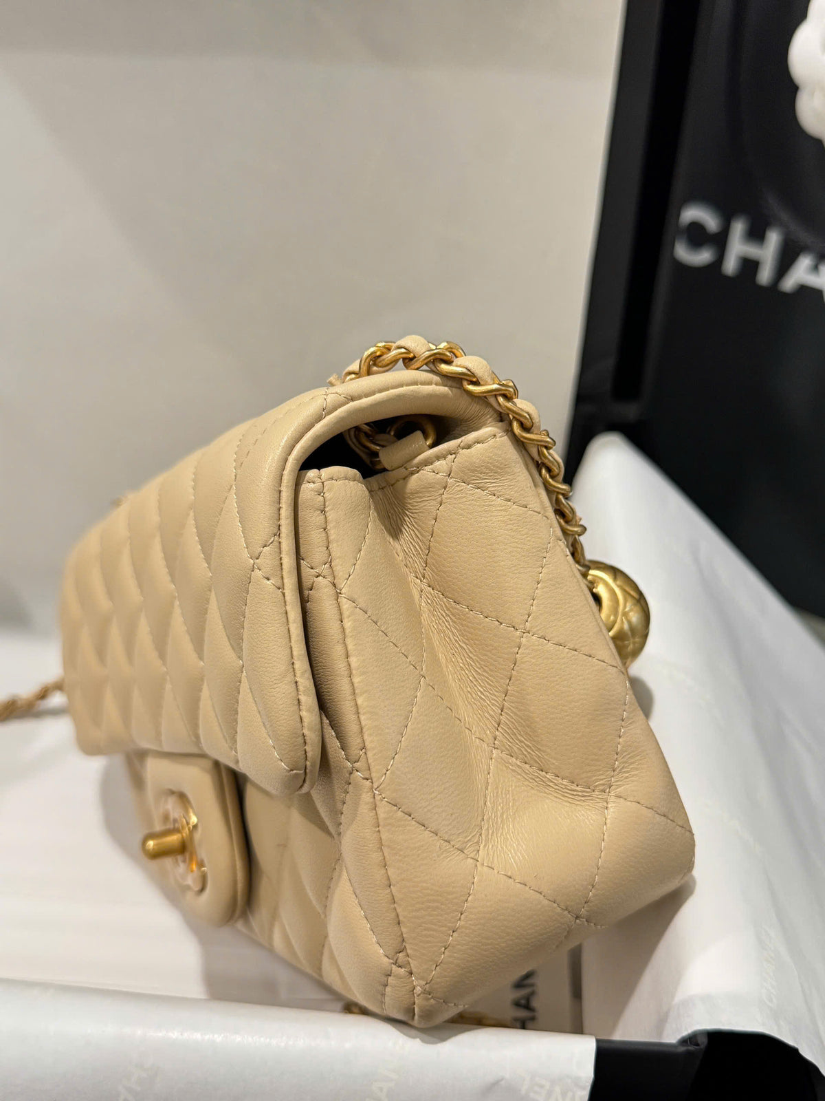 Chanel Classic Flap Mini Beige Gold Hardware 20cm