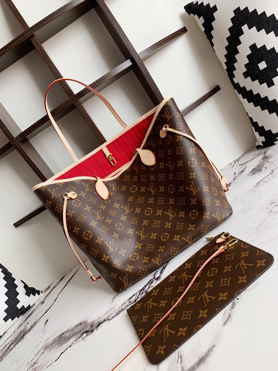 Louis Vuitton LV Neverfull Like Auth Handbags Brown Pattern 32x29x17cm