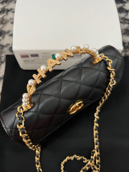 Chanel Woc Black Handbags Pearl Handle Plated Lock Gold 19cm