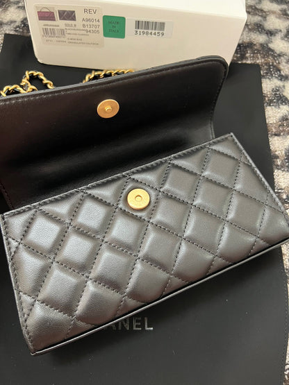 Chanel Woc Black Handbags Pearl Handle Plated Lock Gold 19cm
