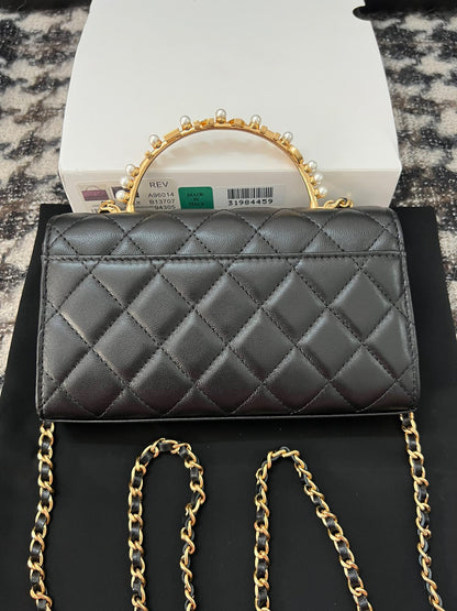 Chanel Woc Black Handbags Pearl Handle Plated Lock Gold 19cm