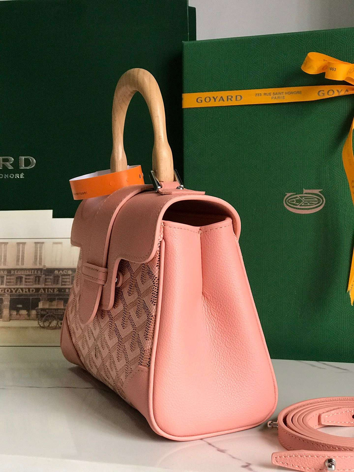 Goyard Saigon Handbag Pink Women’s Wooden Handle 20x15cm