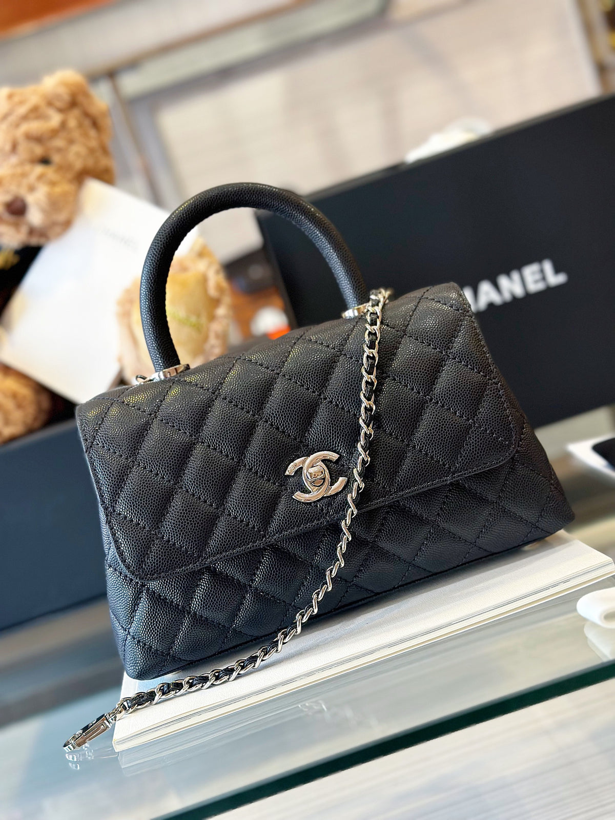 Chanel Coco Handbag Leather Black With Silver Lock 23cm