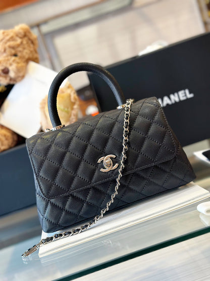 Chanel Coco Handbag Leather Black With Silver Lock 23cm