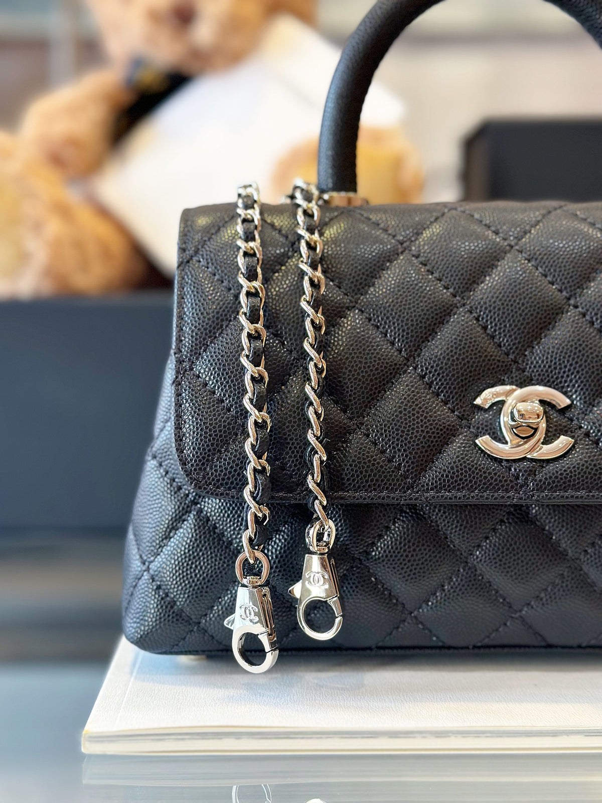 Chanel Coco Handbag Leather Black With Silver Lock 23cm