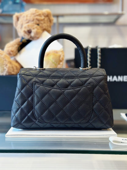 Chanel Coco Handbag Leather Black With Silver Lock 23cm
