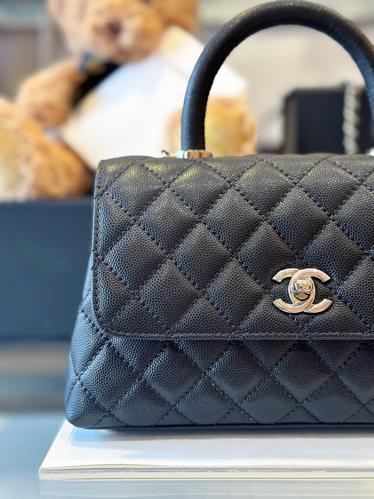 Chanel Coco Handbag Leather Black With Silver Lock 23cm