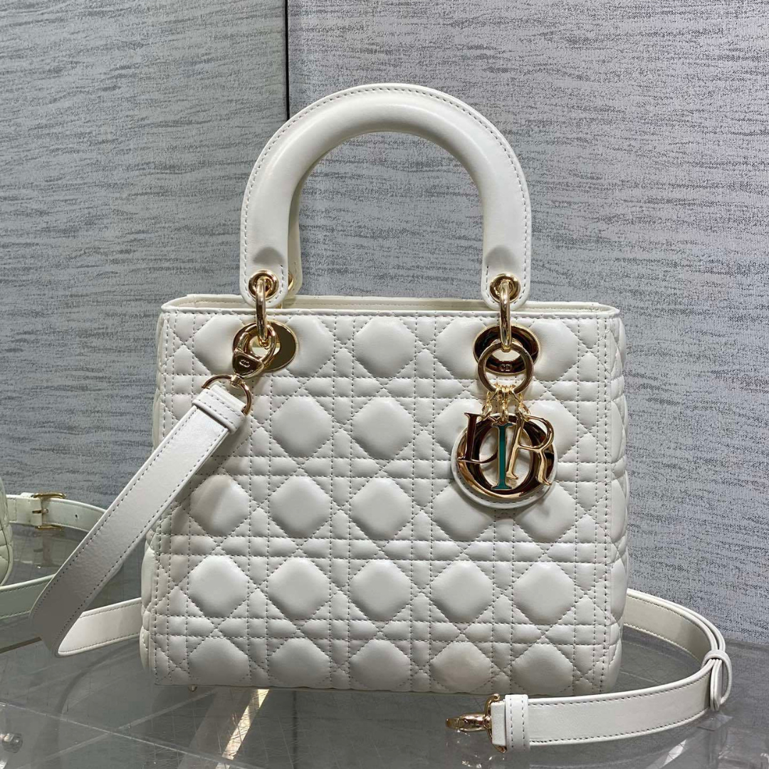 Dior Medium Lady Bag in White Gold Hardware