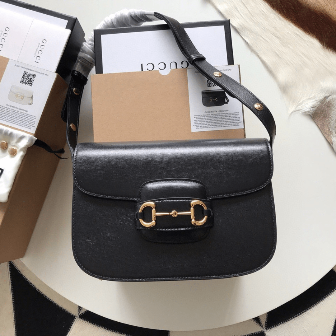 Gucci 1955 Horsebit Like Auth Handbag Black Smooth Leather 25cm