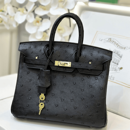 HN 25 Black Ostrich Leather Gold Hardware