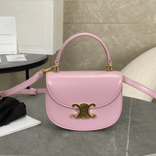 Celine Handle Shiny Wrinkled Leather Pink 15.5×11.5x5cm