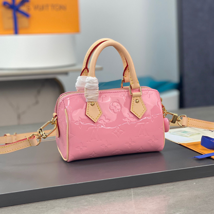 Louis Vuitton LV Nano Speedy Pink Mini Like Auth Shiny Leather Handbags 16x10x7.5cm