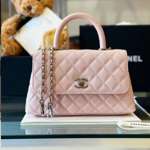 Chanel Coco Handbags Leather Pink With Silver Lock 23cm