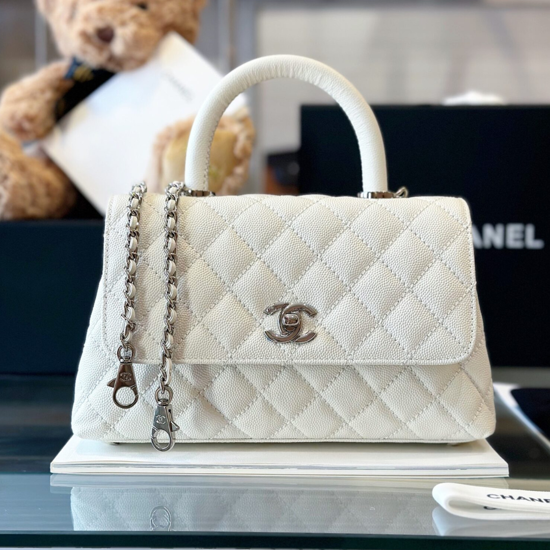 Chanel Coco Handbags Leather White With Silver Lock Woman’s 23cm