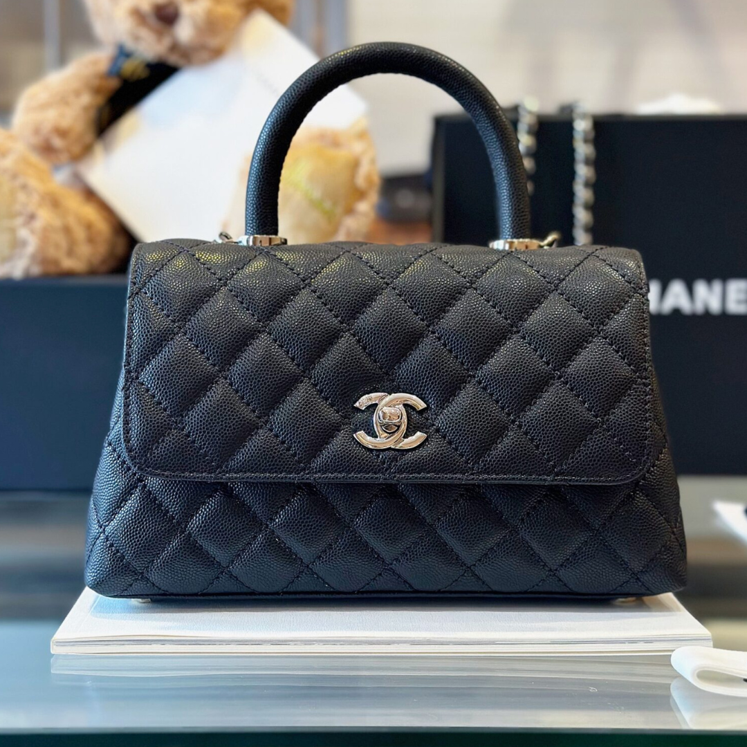 Chanel Coco Handbag Leather Black With Silver Lock 23cm