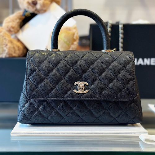 Chanel Coco Handbag Leather Black With Silver Lock 23cm