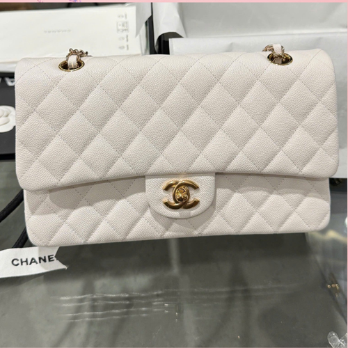 Chanel Classic Woman’s White Like Auth Handbags Lock Gold 25cm