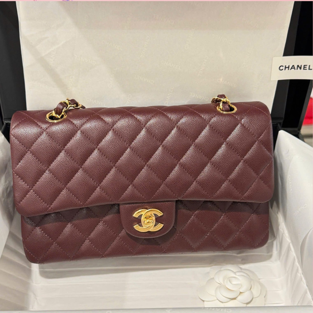 Chanel Classic Plum Red Color Like Auth Handbags With Lock Gold 25cm