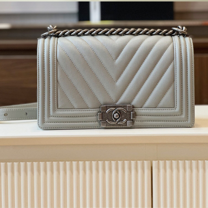 Chanel Boy Medium Handbags Grey Leather With Silver Lock 25cm