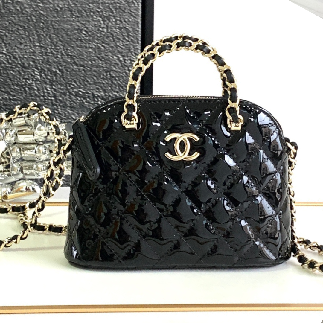 Chanel Alma Mini Shiny Leather Handbags Black Lock Gold 12cm