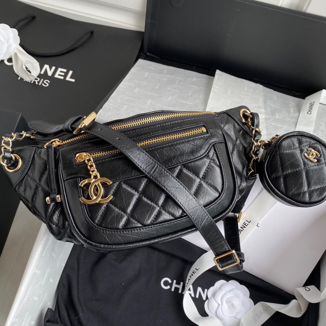 Chanel Bumbag Black Wrinkled Leather Lock Gold Handbags 34x15x6cm