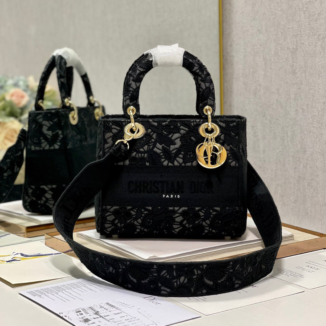 Christian Dior Medium Lady D-Lite bag in black lace embroidery