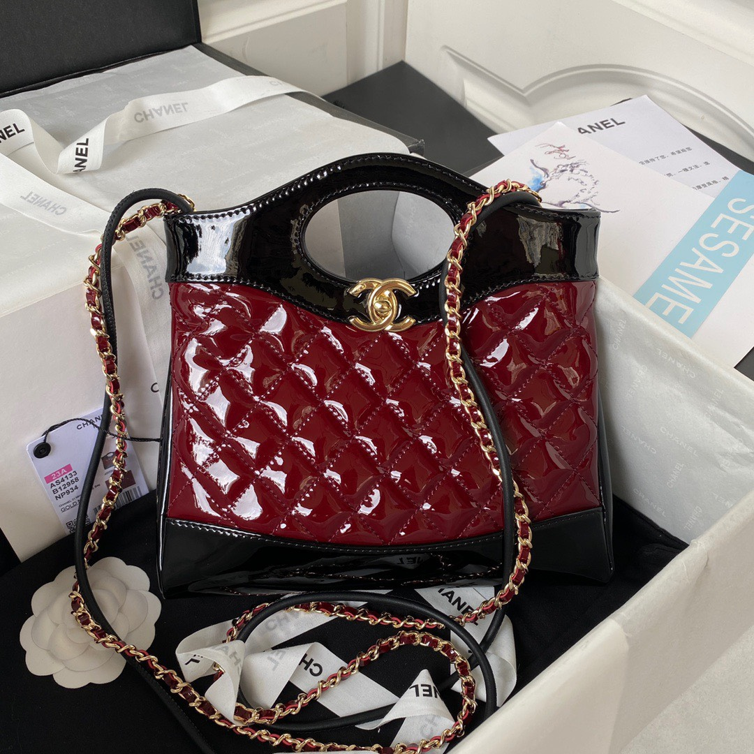 Chanel Mini Shopping Bag Handbags Red Shiny Leather 31cm