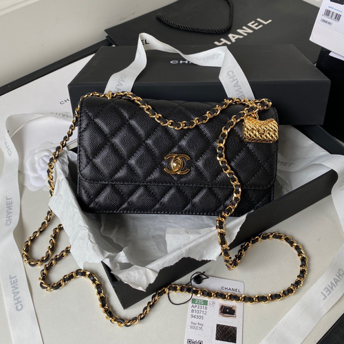 Chanel Handle Bag Lumpy Skin Handbags Black With Lock Gold 19cm