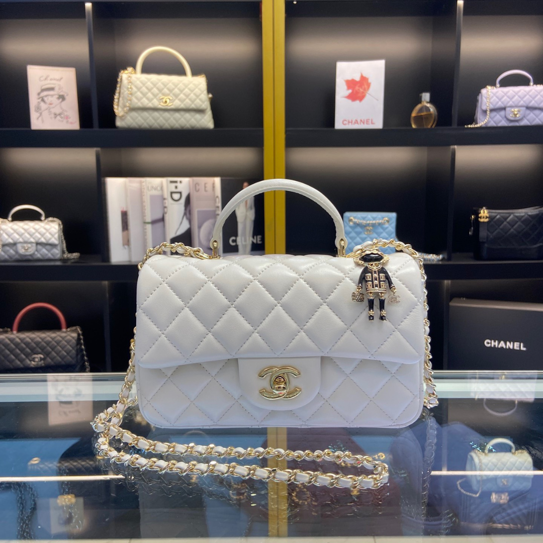 Chanel Handle Charm Like Auth Handbags Lock Gold Demi White 20x12cm