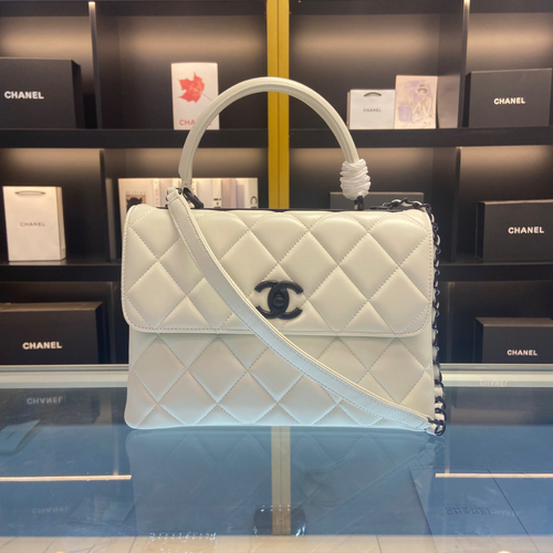 Chanel Trendy White Smooth Leather With Lock Black Handbags 25cm